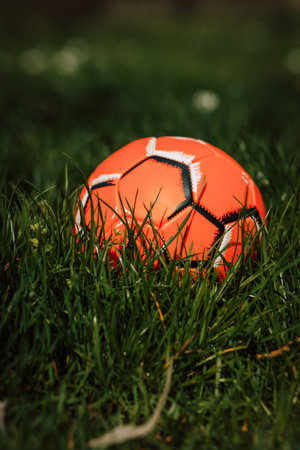 A bright orange soccer ball lies in the thick green grass