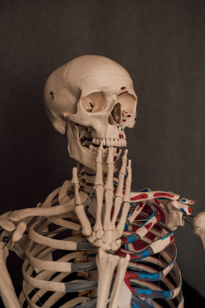 Upper part of the human skeleton with a raised hand to the skull