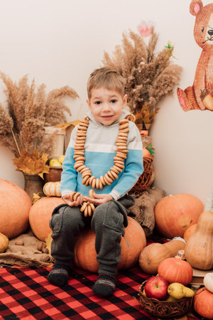 A boy in kindergarten sits near pumpkins. Autumn Festivalの写真素材