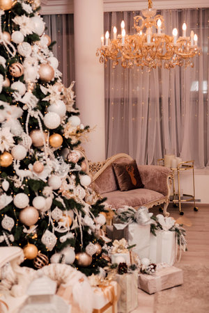 Chic Christmas tree in a luxurious interior New Years Eveの写真素材