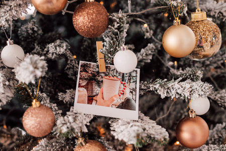 Christmas tree with balls and with a photo on a clothespin. New Year Christmasの写真素材