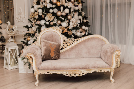Beautiful sofa in the New Years interior. Luxury Apartmentの写真素材