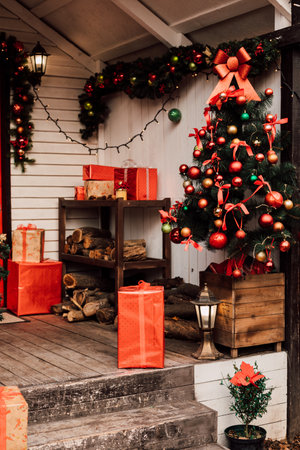 The porch is decorated with Christmas decorations. Loft styleの写真素材