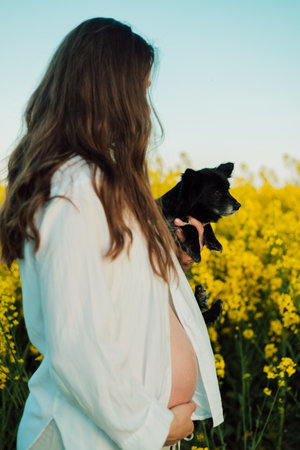 A pregnant woman with a small black dog in nature. Rapeseed fieldの写真素材