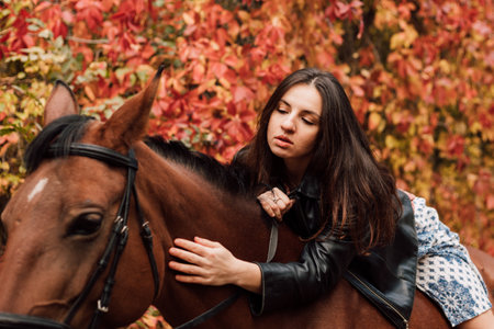 A woman on a horse in the autumn forest. Ridingの写真素材
