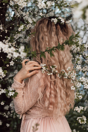 A beautiful woman in a spring garden near cherry blossoms. Flowering gardenの写真素材