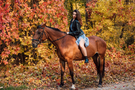 A beautiful young brunette kisses a horse. Autumn forest. Love for animalsの写真素材
