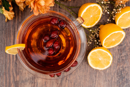 Rosehip tea with lemon in a clear cup. Autumn drink for colds. High quality photoの写真素材