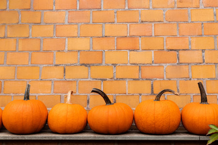 Orange pumpkins on a wooden shelf against a brick wall. Autumn harvest. Halloween. High quality photoの写真素材