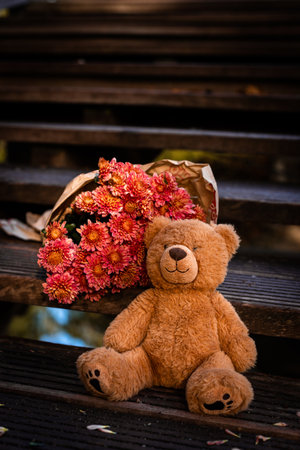 A teddy brown bear sits on wooden steps next to chrysanthemums.の写真素材