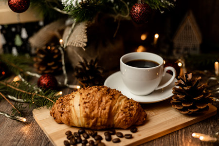 Espresso coffee, croissant, coffee beans near christmas tree on table. Coffee break. High quality photoの写真素材