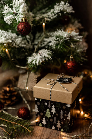 A box with a Christmas gift under the Christmas tree. New Year's Eve Surprise. High quality photo