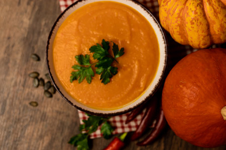 Pumpkin soup in a bowl on the table. Autumn healthy food. Ingathering. High quality photoの写真素材