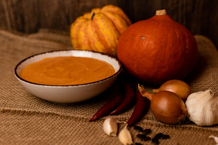 A bowl of pumpkin soup on the table. Autumn vegetables. Homemade food. Healthy nutrition. High quality photoの写真素材