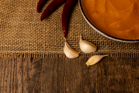 A bowl of pumpkin soup on the table. Autumn vegetables. Homemade food. Healthy nutrition. High quality photoの写真素材