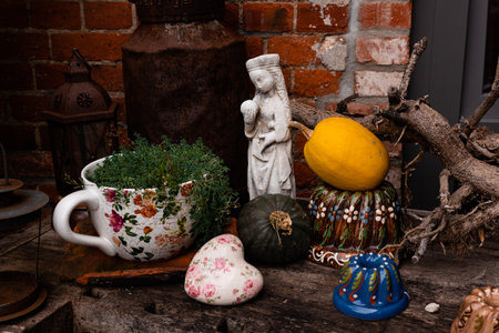 Ingathering. Pumpkins are lying on the table. Lots of pumpkins on the market. High quality photoの写真素材
