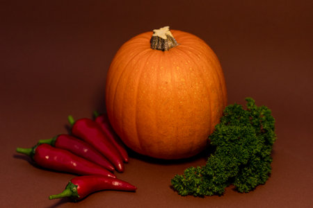 Pumpkin, chili peppers and parsley on a brown background. Composition of vegetables. Proper nutrition. High quality photoの写真素材