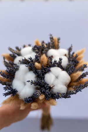 Bouquet of dried flowers. Handmade for home comfort.Dried lavender and cotton. Bridal bouquet. High quality photoの写真素材