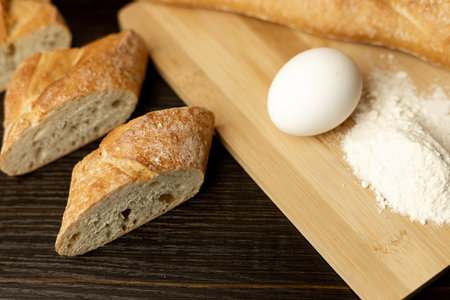 Flour, egg, rolling pin close-up. Bread in a clay plate. The process of making bread. High quality photoの写真素材
