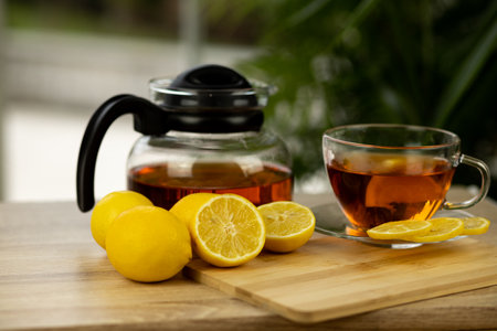 Glass cup of tea, teapot, sliced lemons on the table. Kettle with tea. Lemon tea. High quality photoの写真素材