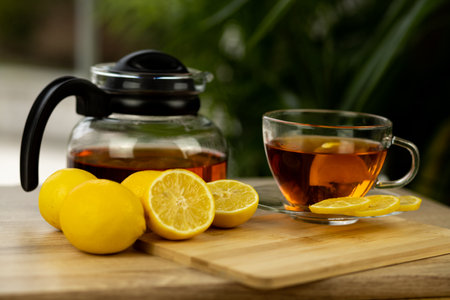 Glass cup of tea, teapot, sliced lemons on the table. Kettle with tea. High quality photoの写真素材