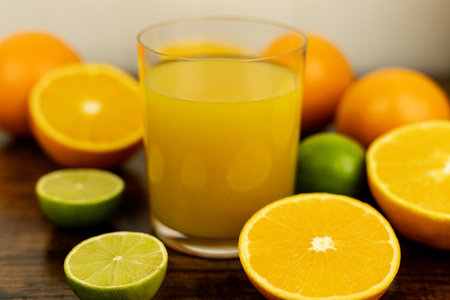 A healthy smoothie in a glass with oranges and lime. Glass of orange juice. High quality photoの写真素材