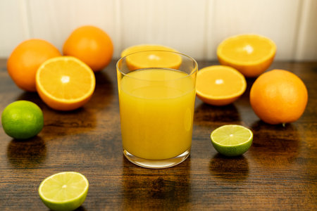 A glass of orange juice, sliced oranges and limes on the table. Detox. High quality photoの写真素材