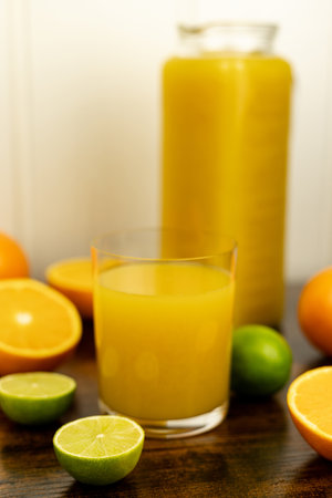 A healthy smoothie in a glass with oranges and lime. Glass of orange juice. High quality photoの写真素材