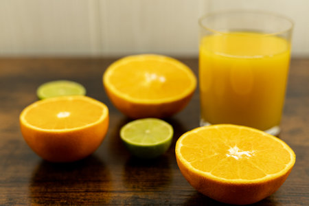 Healthy orange juice. A glass of juice on the table. Orange diet High quality photoの写真素材