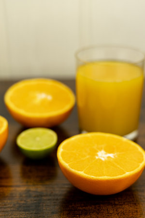 Healthy orange juice. A glass of juice on the table. Orange diet High quality photoの写真素材