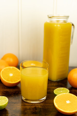 Healthy orange juice. A glass of juice on the table. Orange diet High quality photoの写真素材