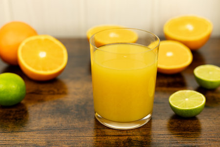 Healthy orange juice. A glass of juice on the table. Orange diet High quality photoの写真素材