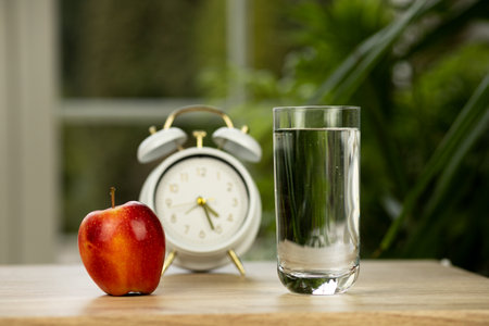 An apple and a glass of water on the table. High quality photoの写真素材