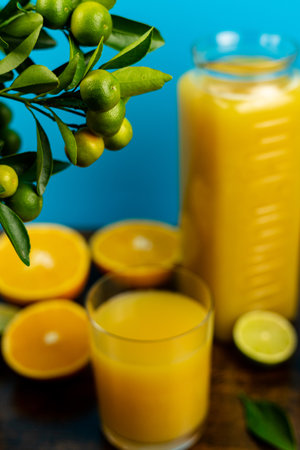 Glass of orange juice in glass close-up. High quality photoの写真素材