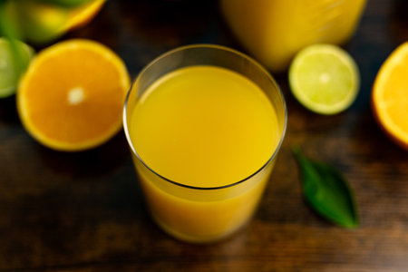Glass of orange juice in glass close-up. High quality photoの写真素材