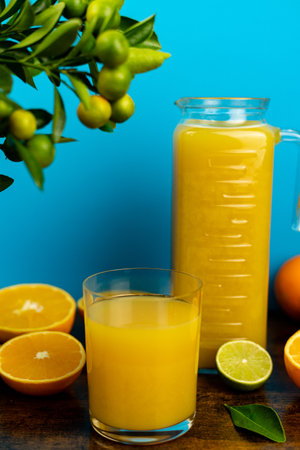 Sliced oranges, a close-up glass of freshly squeezed orange juice. Fresh juice. High quality photoの写真素材