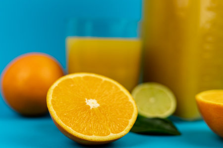 Half an orange on a blue background. Close-up view from above. High quality photoの写真素材