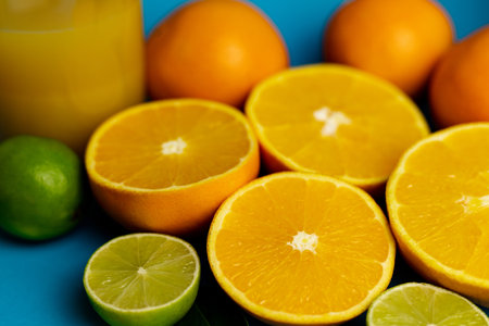 Close-up of cut oranges. Orange juice. Orange diet High quality photoの写真素材