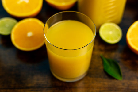Glass of orange juice view from above. Half an orange and a glass of juice close-up. High quality photoの写真素材