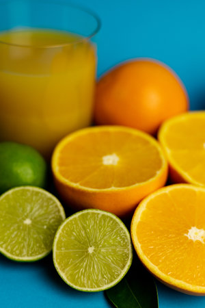 Close-up of cut oranges. Orange juice. High quality photoの写真素材