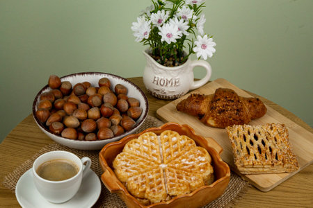 Homemade pastries. Waffles with coffee. Homemade dessert. High quality photoの写真素材