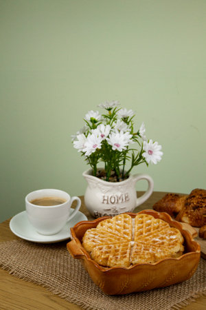 Homemade pastries. Waffles with coffee. Homemade dessert. High quality photoの写真素材