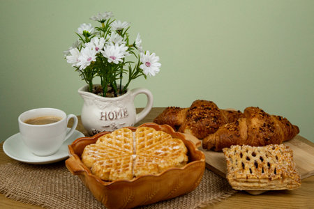 Homemade pastries. Waffles with coffee. Homemade dessert. High quality photoの写真素材
