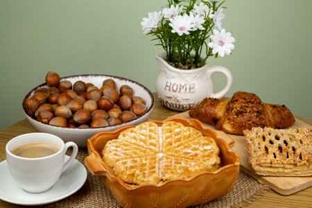 Homemade pastries. Waffles with coffee. Homemade dessert. High quality photoの写真素材