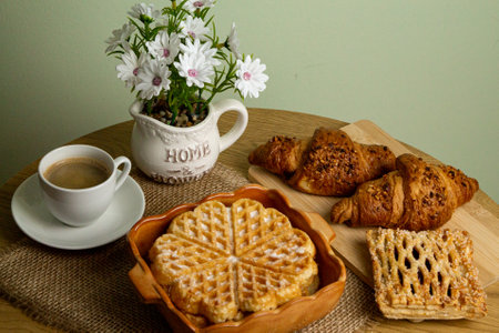 Homemade pastries. Waffles with coffee. Homemade dessert. High quality photoの写真素材