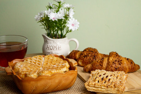 Waffles, croissants and tea. Tea drinking at home. Fresh homemade pastries. Waffle close-up. High quality photoの写真素材