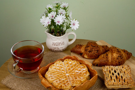 Fresh homemade pastries close-up. Bakery products in the kitchen at home. High quality photoの写真素材