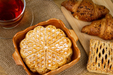 Waffles, croissants and tea. Tea drinking at home. Fresh homemade pastries. Waffle close-up. High quality photoの写真素材
