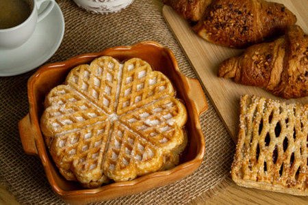 Homemade pastries. Waffles with coffee. Homemade dessert. High quality photoの写真素材
