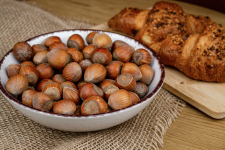 Hazelnuts. Healthy food. Nuts in a plate on the table. High quality photoの写真素材